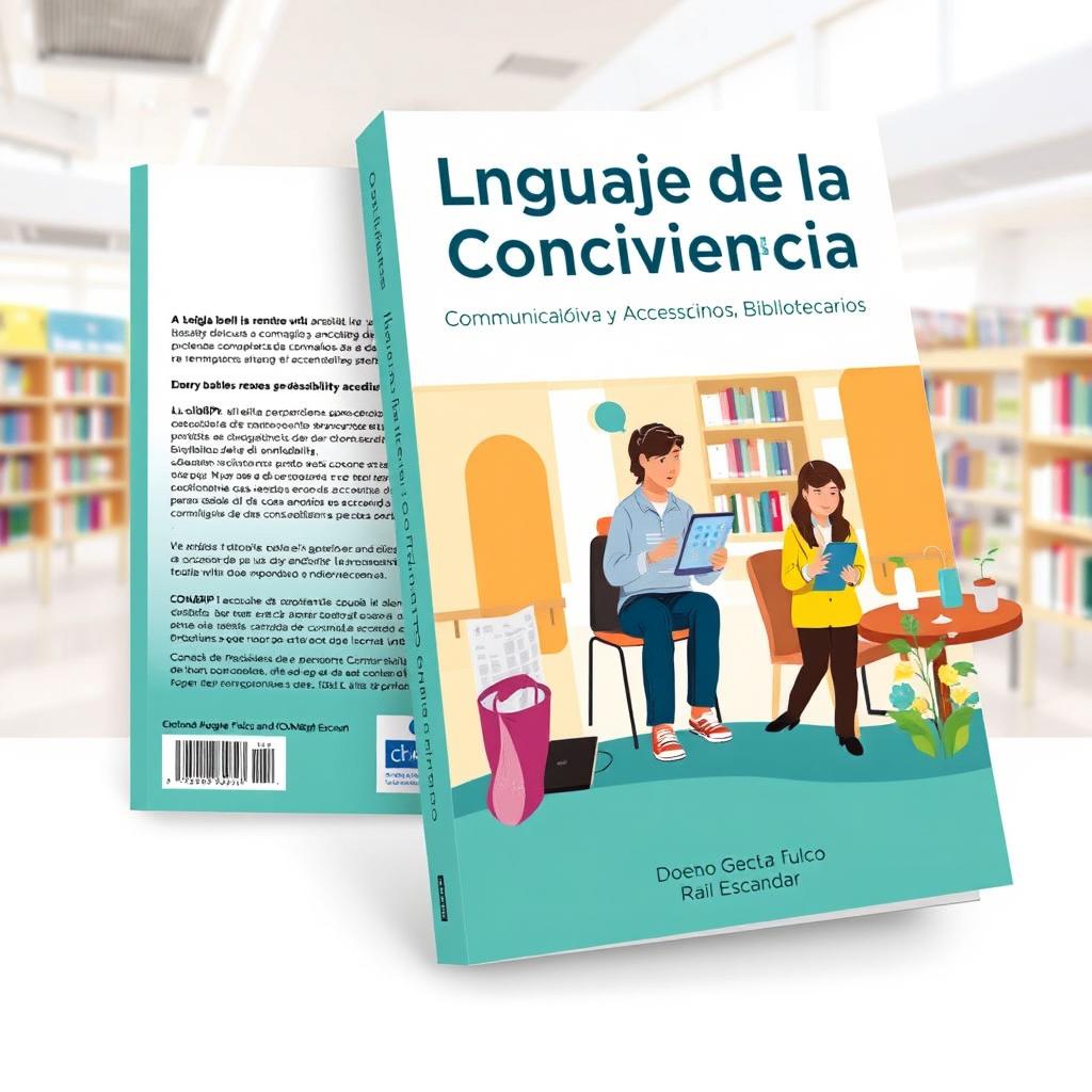 A visually appealing book cover design for 'El Lenguaje de la Convivencia: Comunicación Efectiva y Accesibilidad en Entornos Bibliotecarios', taking into account the title's spelling errors