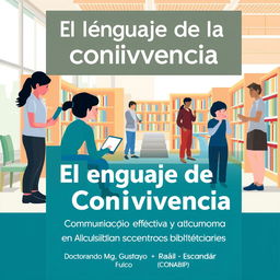 A visually appealing book cover design for 'El Lenguaje de la Convivencia: Comunicación Efectiva y Accesibilidad en Entornos Bibliotecarios', taking into account the title's spelling errors