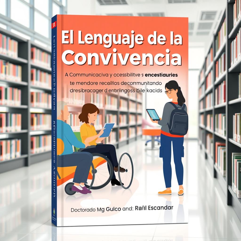 A visually appealing book cover design for 'El Lenguaje de la Convivencia: Comunicación Efectiva y Accesibilidad en Entornos Bibliotecarios', taking into account the title's spelling errors