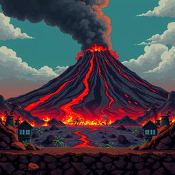 A smoking volcano rises in the background, with red lava flowing down its slopes and dark ash clouds in the air