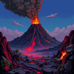 A smoking volcano rises in the background, with red lava flowing down its slopes and dark ash clouds in the air