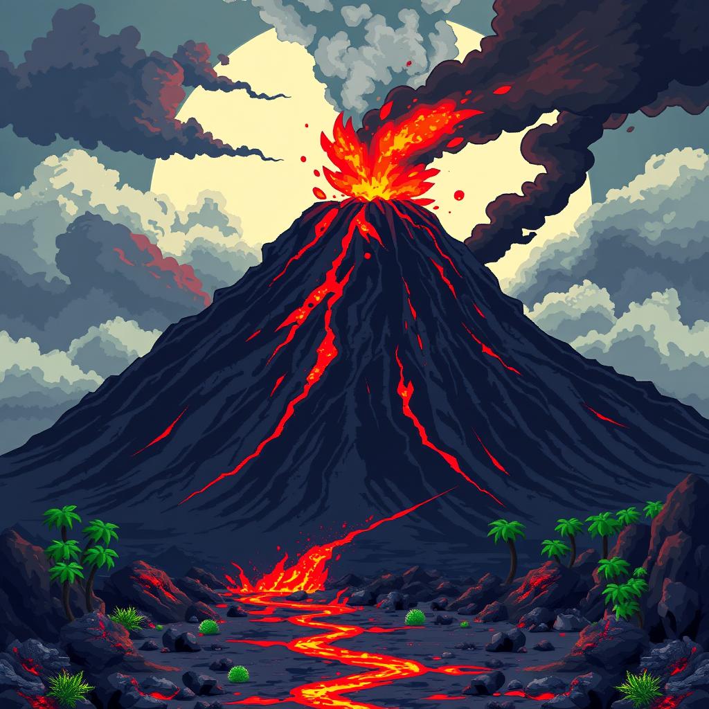 A smoking volcano rises in the background, with red lava flowing down its slopes and dark ash clouds in the air