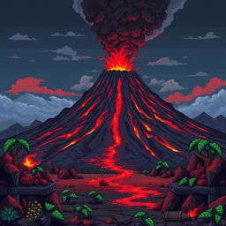 A smoking volcano rises in the background, with red lava flowing down its slopes and dark ash clouds in the air