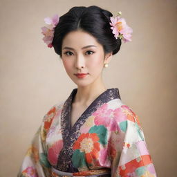 A traditional Japanese woman dressed in an exquisite, colorful kimono adorned with intricate floral patterns. The woman has youthful features, with almond-shaped eyes, soft black hair styled in a chignon, radiating a sense of serenity and elegance.