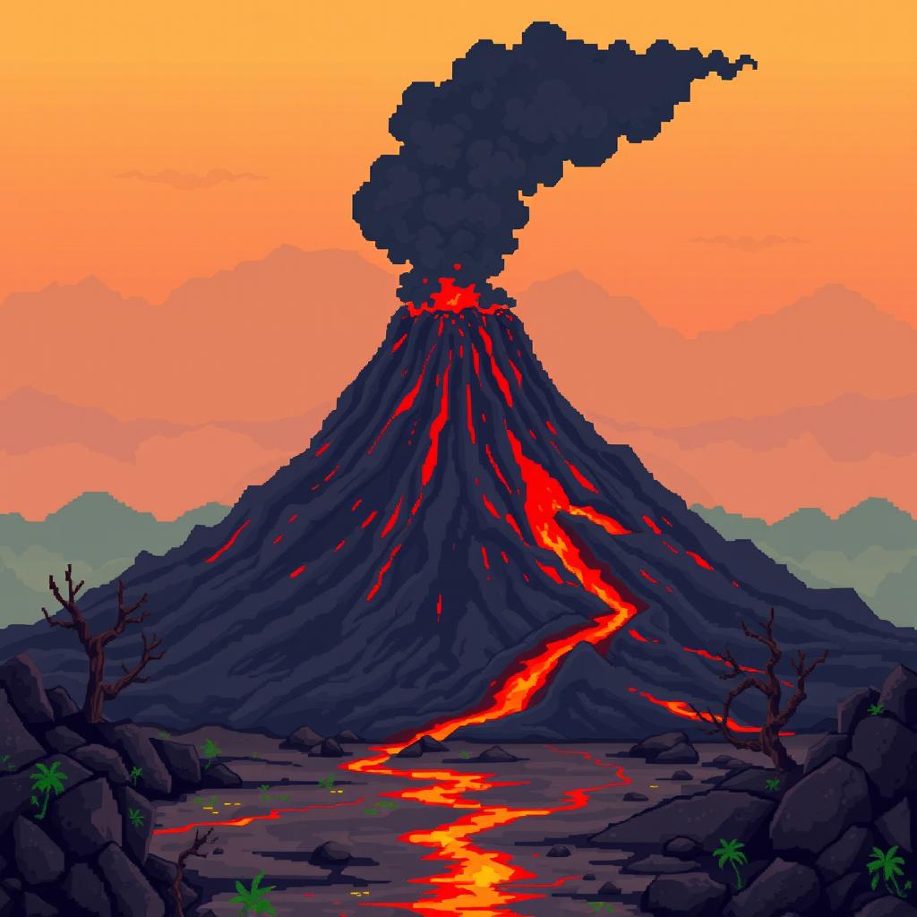 A smoking volcano rises in the background, with red lava flowing down its slopes and dark ash clouds in the air