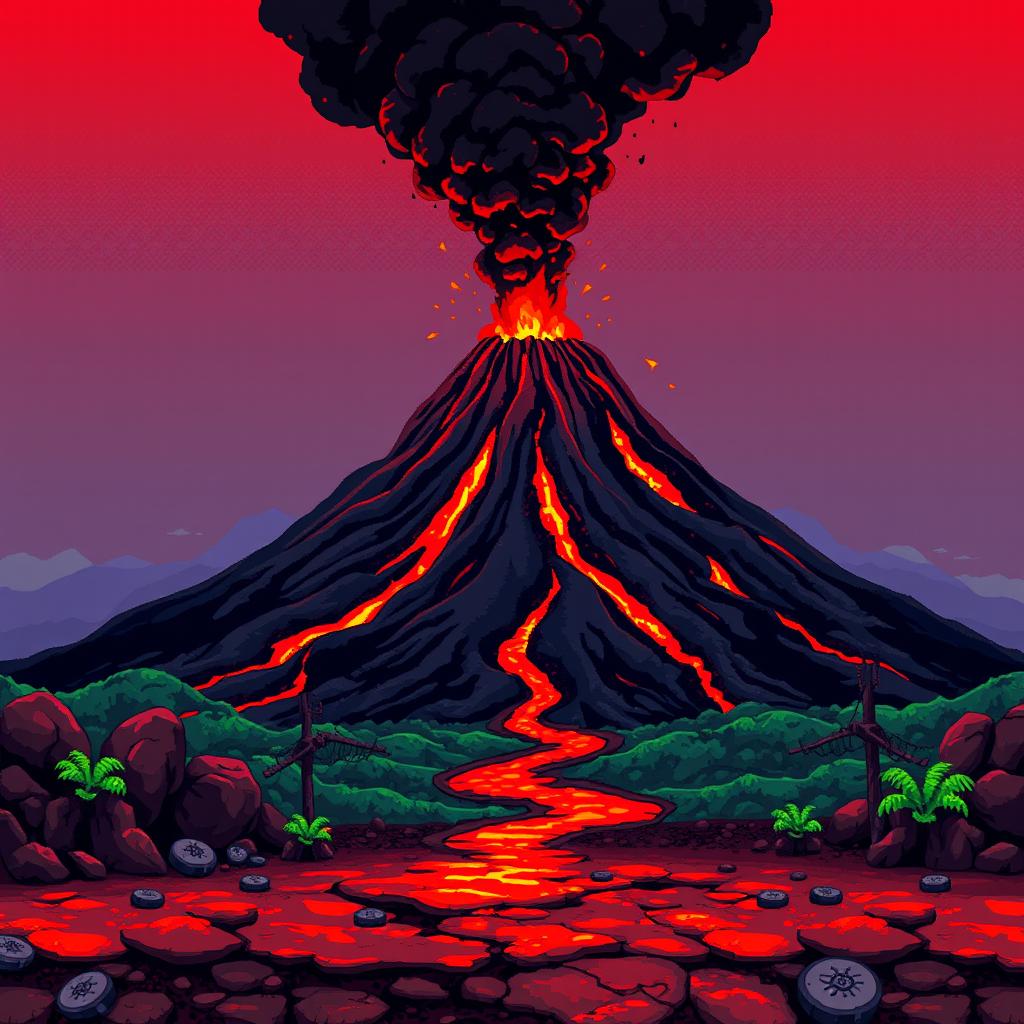 A smoking volcano rises in the background, with red lava flowing down its slopes and dark ash clouds in the air