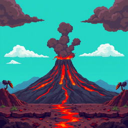 A smoking volcano rises in the background, with red lava flowing down its slopes and dark ash clouds in the air