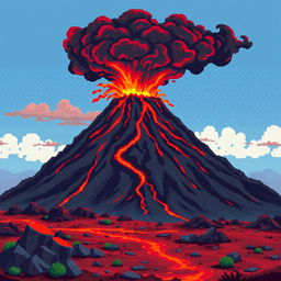 A smoking volcano rises in the background, with red lava flowing down its slopes and dark ash clouds in the air