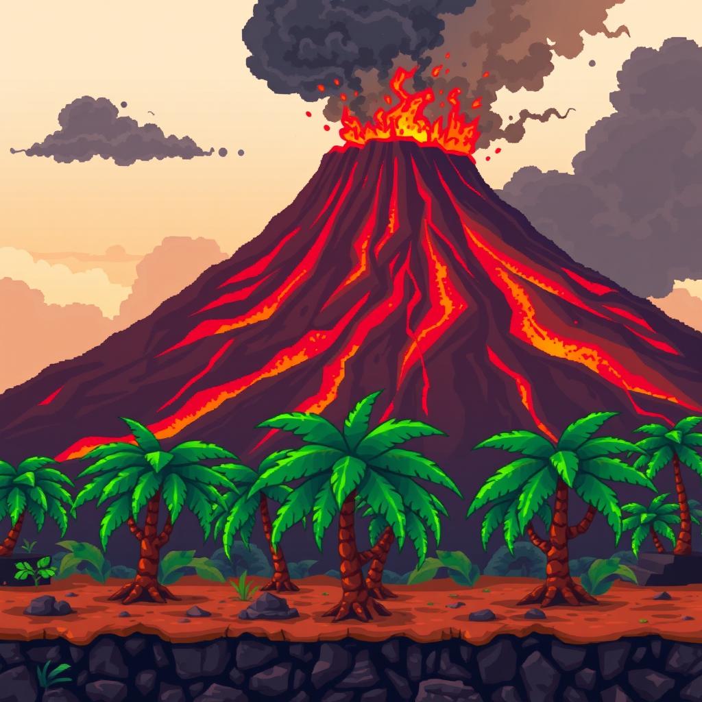 A smoking volcano rises in the background, with red lava flowing down its slopes and dark ash clouds in the air