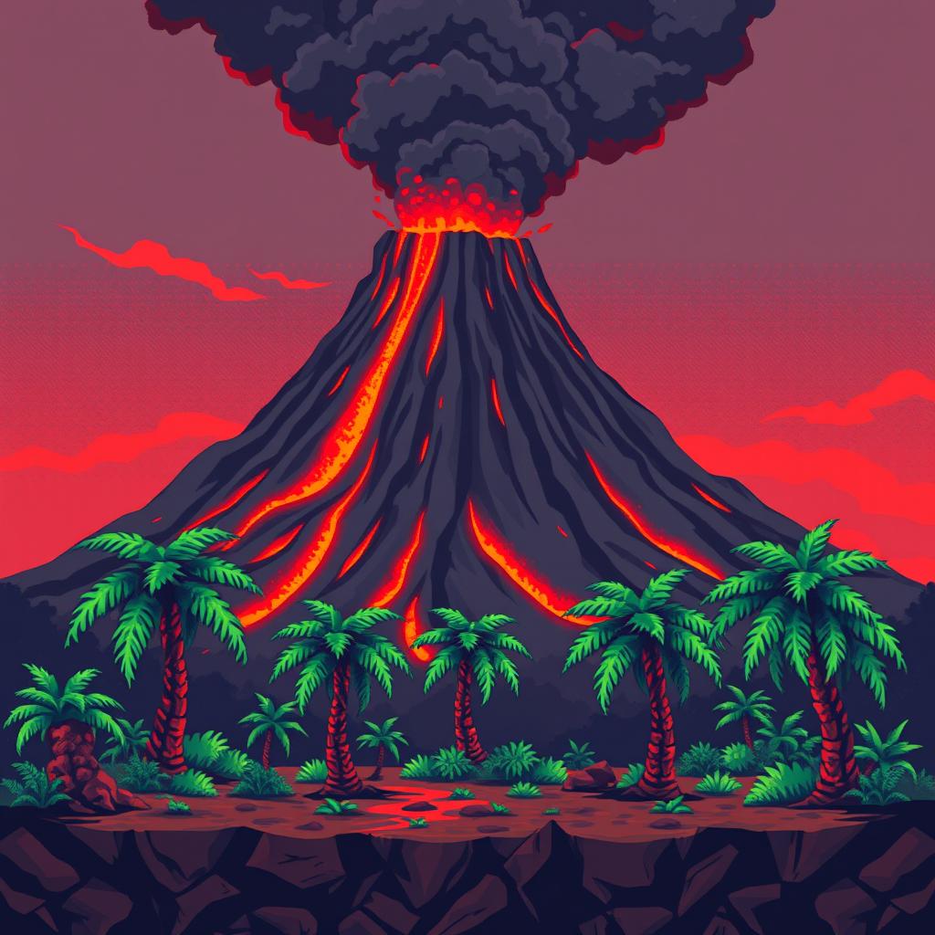 A smoking volcano rises in the background, with red lava flowing down its slopes and dark ash clouds in the air