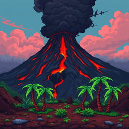 A smoking volcano rises in the background, with red lava flowing down its slopes and dark ash clouds in the air