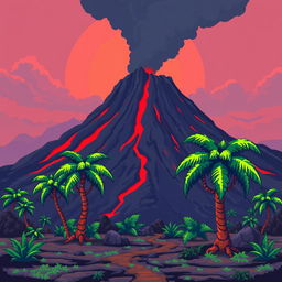 A smoking volcano rises in the background, with red lava flowing down its slopes and dark ash clouds in the air