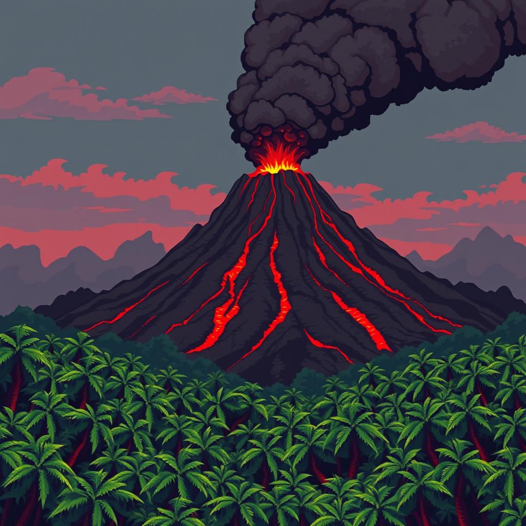 A smoking volcano rises in the background, with red lava flowing down its slopes and dark ash clouds in the air