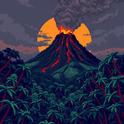 A smoking volcano rises in the background, with red lava flowing down its slopes and dark ash clouds in the air