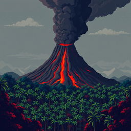 A smoking volcano rises in the background, with red lava flowing down its slopes and dark ash clouds in the air