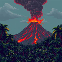 A smoking volcano rises in the background, with red lava flowing down its slopes and dark ash clouds in the air