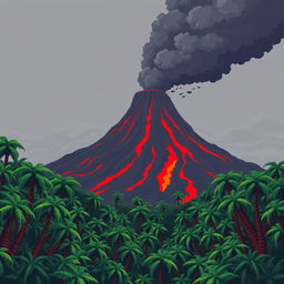 A smoking volcano rises in the background, with red lava flowing down its slopes and dark ash clouds in the air