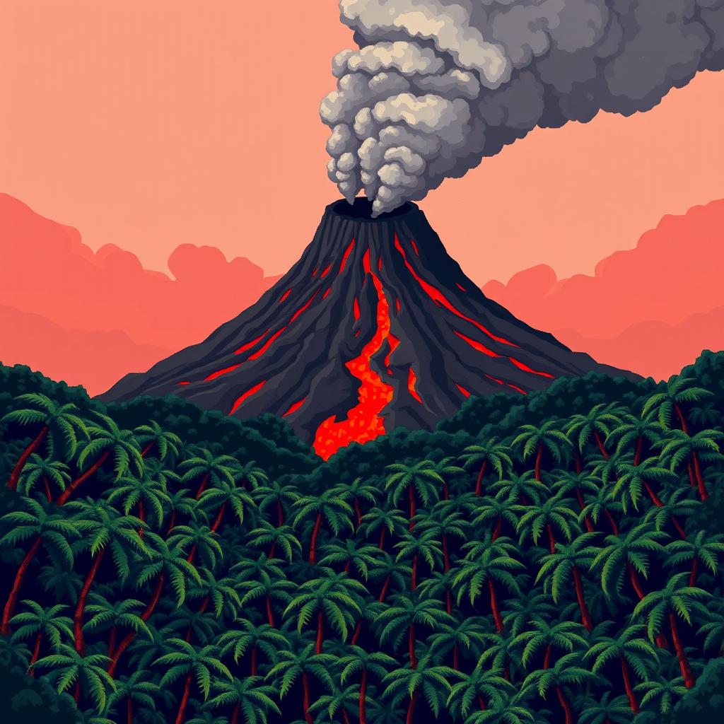 A smoking volcano rises in the background, with red lava flowing down its slopes and dark ash clouds in the air