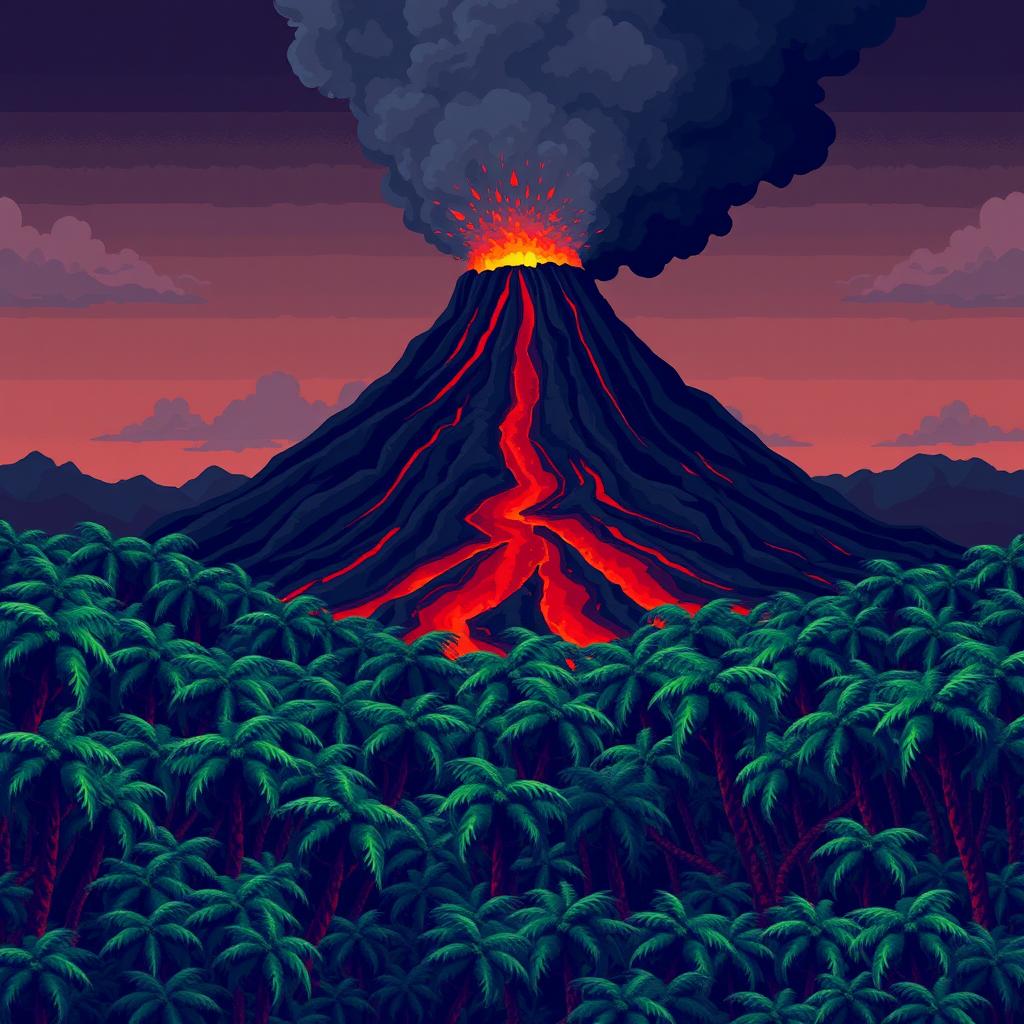 A smoking volcano rises in the background, with red lava flowing down its slopes and dark ash clouds in the air