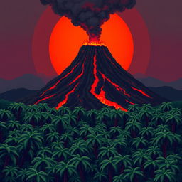 A smoking volcano rises in the background, with red lava flowing down its slopes and dark ash clouds in the air