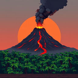 A smoking volcano rises in the background, with red lava flowing down its slopes and dark ash clouds in the air