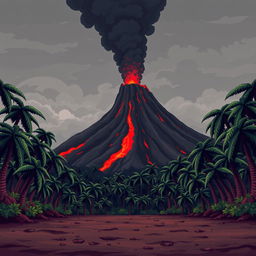 A smoking volcano rises in the background, with red lava flowing down its slopes and dark ash clouds in the air