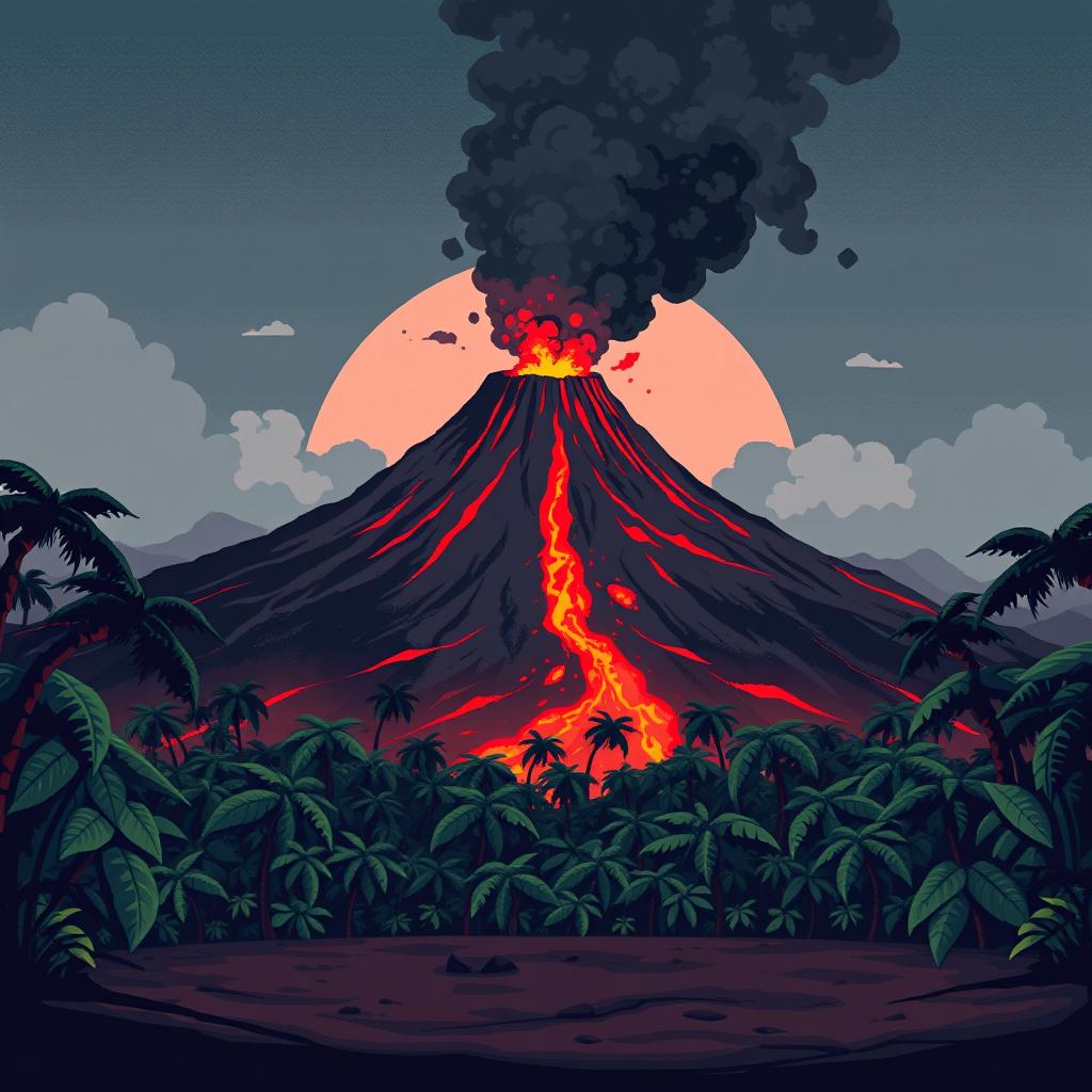 A smoking volcano rises in the background, with red lava flowing down its slopes and dark ash clouds in the air