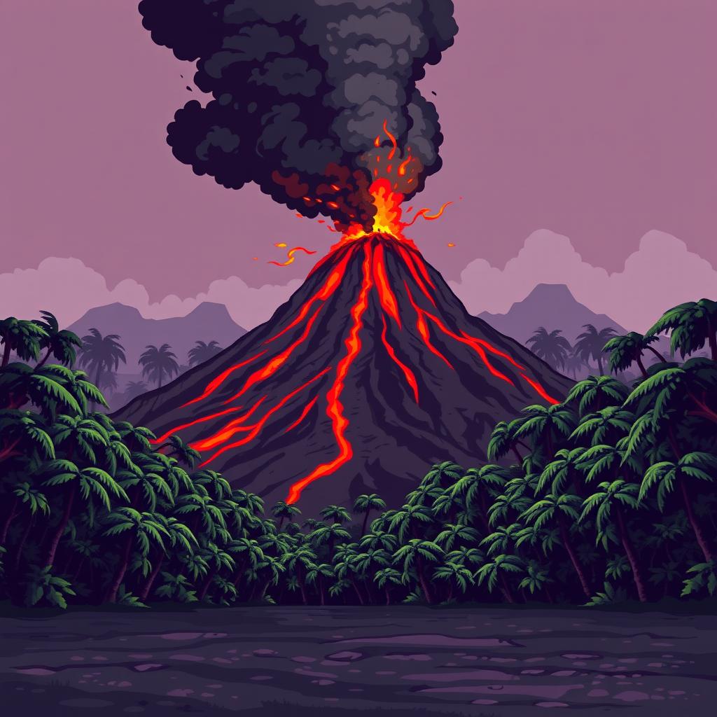 A smoking volcano rises in the background, with red lava flowing down its slopes and dark ash clouds in the air