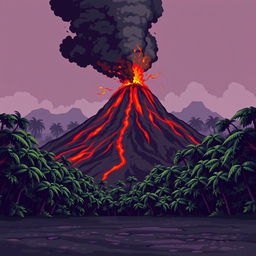 A smoking volcano rises in the background, with red lava flowing down its slopes and dark ash clouds in the air