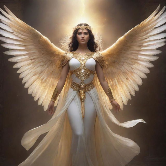 Generate an ethereal and majestic Aasimar, a being of divine heritage with radiant light glowing from their eyes and golden wings spread wide