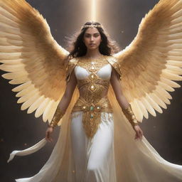 Generate an ethereal and majestic Aasimar, a being of divine heritage with radiant light glowing from their eyes and golden wings spread wide