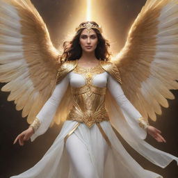 Generate an ethereal and majestic Aasimar, a being of divine heritage with radiant light glowing from their eyes and golden wings spread wide