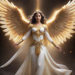 Generate an ethereal and majestic Aasimar, a being of divine heritage with radiant light glowing from their eyes and golden wings spread wide