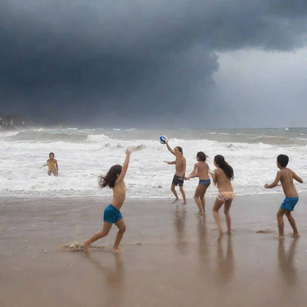 Children enthusiastically playing volleyball on a sandy beach while a hurricane builds in the backdrop, creating towering waves that crash along the coastline, adding dramatic intensity to their game.