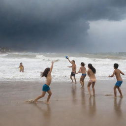 Children enthusiastically playing volleyball on a sandy beach while a hurricane builds in the backdrop, creating towering waves that crash along the coastline, adding dramatic intensity to their game.