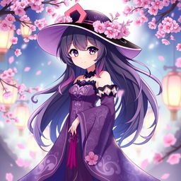 An anime girl character inspired by Hu Tao from Genshin Impact, featuring her signature outfit with a flowing purple and black dress, adorned with intricate floral patterns