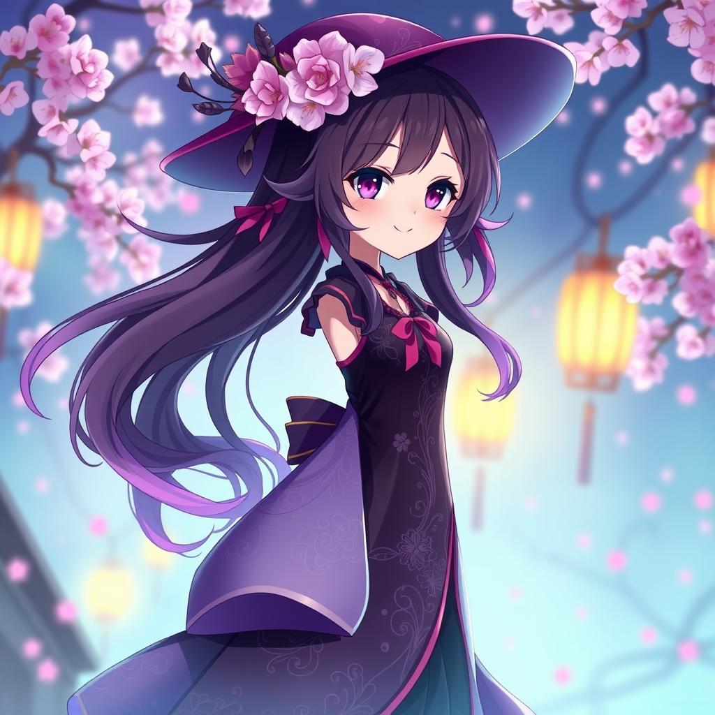 An anime girl character inspired by Hu Tao from Genshin Impact, featuring her signature outfit with a flowing purple and black dress, adorned with intricate floral patterns