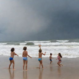 Children enthusiastically playing volleyball on a sandy beach while a hurricane builds in the backdrop, creating towering waves that crash along the coastline, adding dramatic intensity to their game.