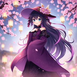 An anime girl character inspired by Hu Tao from Genshin Impact, featuring her signature outfit with a flowing purple and black dress, adorned with intricate floral patterns