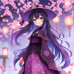 An anime girl character inspired by Hu Tao from Genshin Impact, featuring her signature outfit with a flowing purple and black dress, adorned with intricate floral patterns