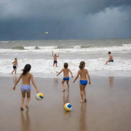 Children enthusiastically playing volleyball on a sandy beach while a hurricane builds in the backdrop, creating towering waves that crash along the coastline, adding dramatic intensity to their game.