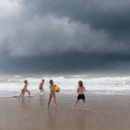 Children enthusiastically playing volleyball on a sandy beach while a hurricane builds in the backdrop, creating towering waves that crash along the coastline, adding dramatic intensity to their game.