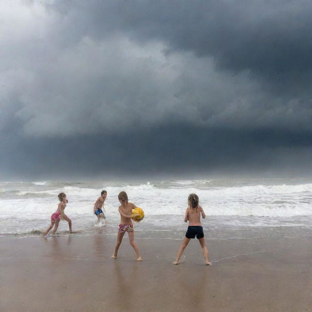 Children enthusiastically playing volleyball on a sandy beach while a hurricane builds in the backdrop, creating towering waves that crash along the coastline, adding dramatic intensity to their game.