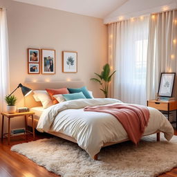 A cozy and stylish bedroom featuring a large bed with fluffy bedding, colorful pillows, and a soft throw blanket