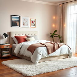 A cozy and stylish bedroom featuring a large bed with fluffy bedding, colorful pillows, and a soft throw blanket