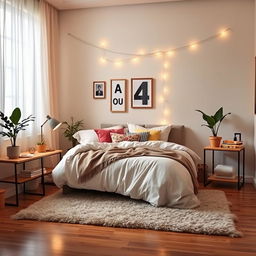 A cozy and stylish bedroom featuring a large bed with fluffy bedding, colorful pillows, and a soft throw blanket