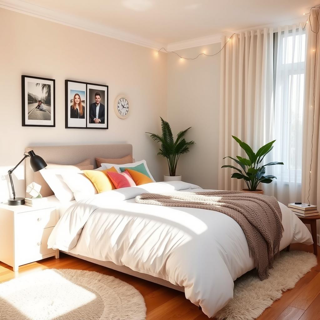 A cozy and stylish bedroom featuring a large bed with fluffy bedding, colorful pillows, and a soft throw blanket