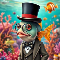 A charming fish, elegantly dressed, wearing a classic top hat and a monocle