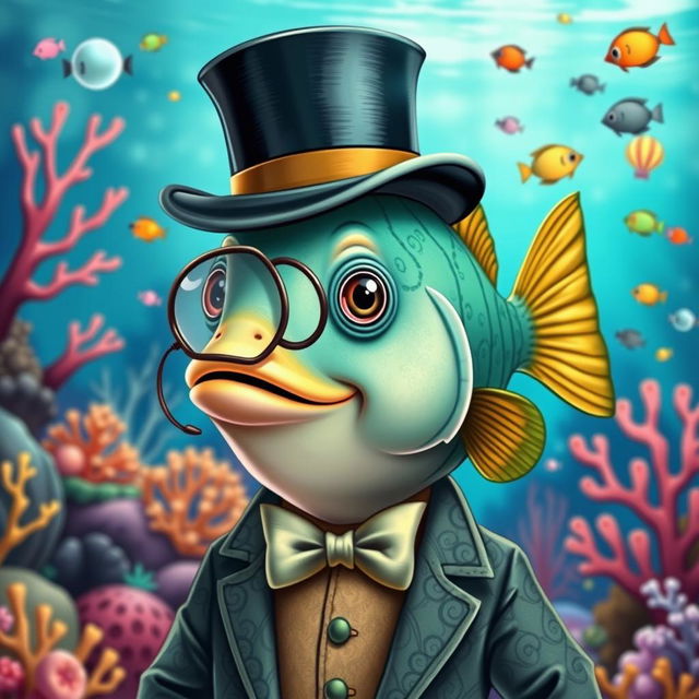 A charming fish, elegantly dressed, wearing a classic top hat and a monocle