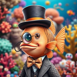 A charming fish, elegantly dressed, wearing a classic top hat and a monocle